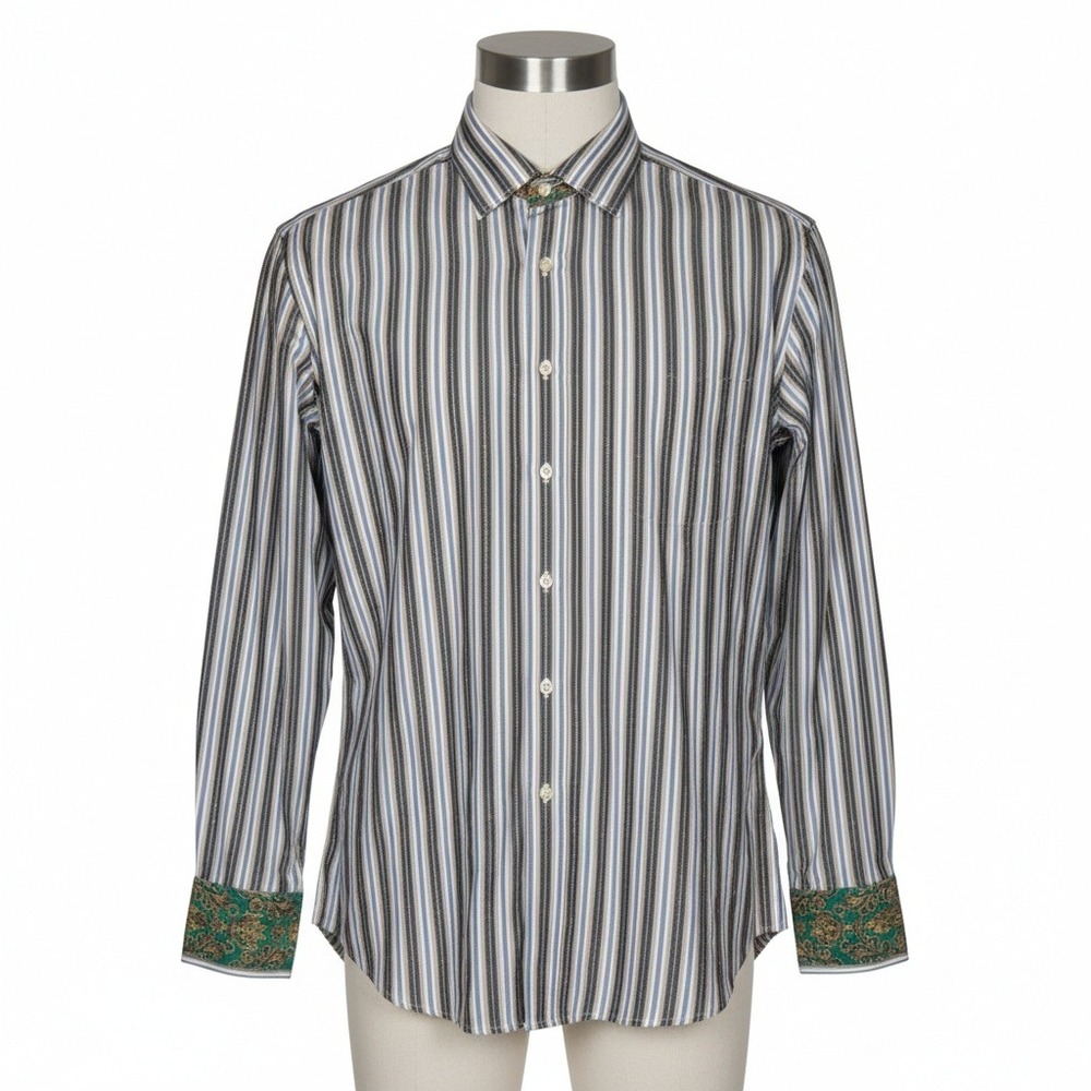 Robert Graham XL Shirt Blue Striped Long Sleeve Flip Cuff Luxury Designer Button
